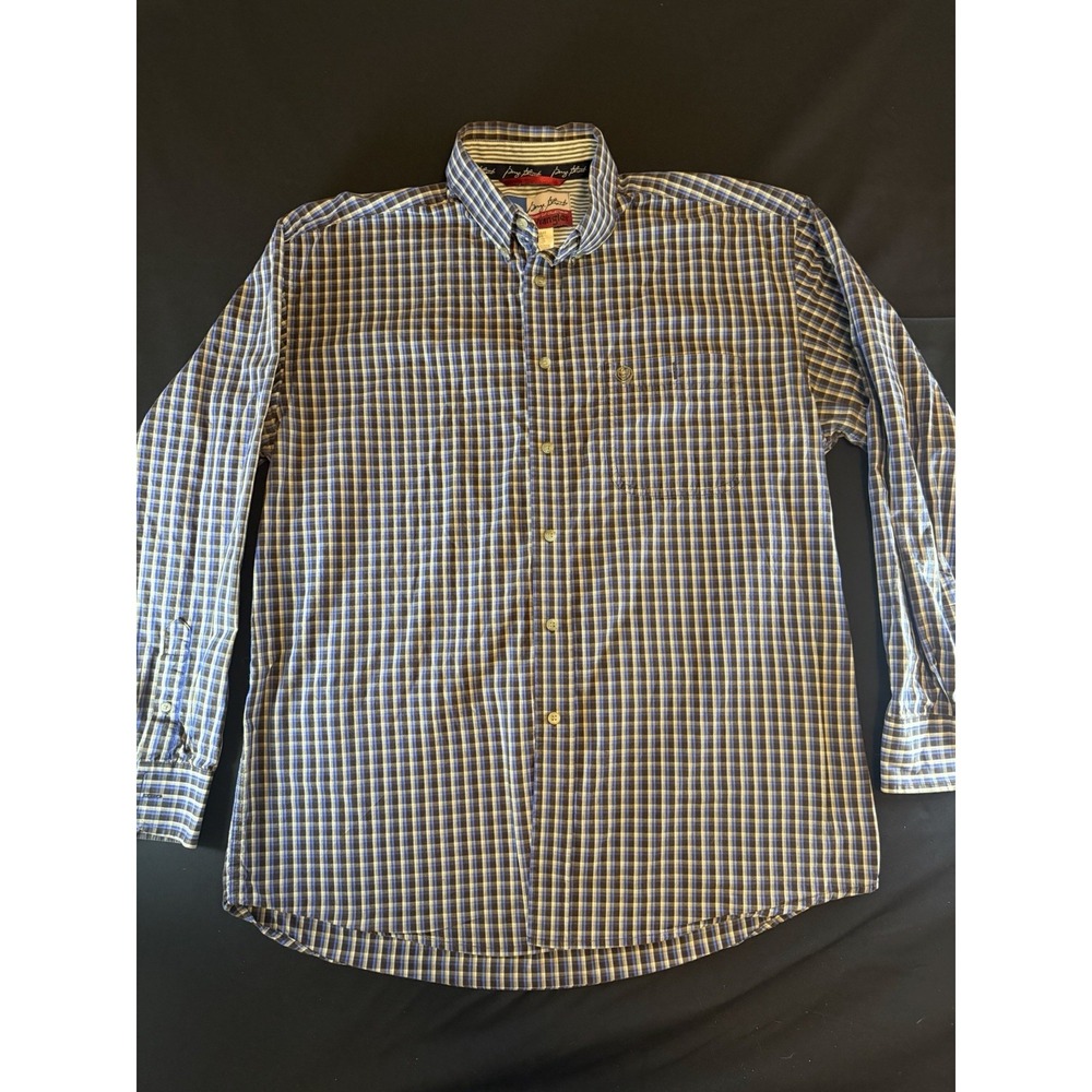 Wrangler George Strait Blue & Brown Men's Long Sleeve Button Up Shirt, Large